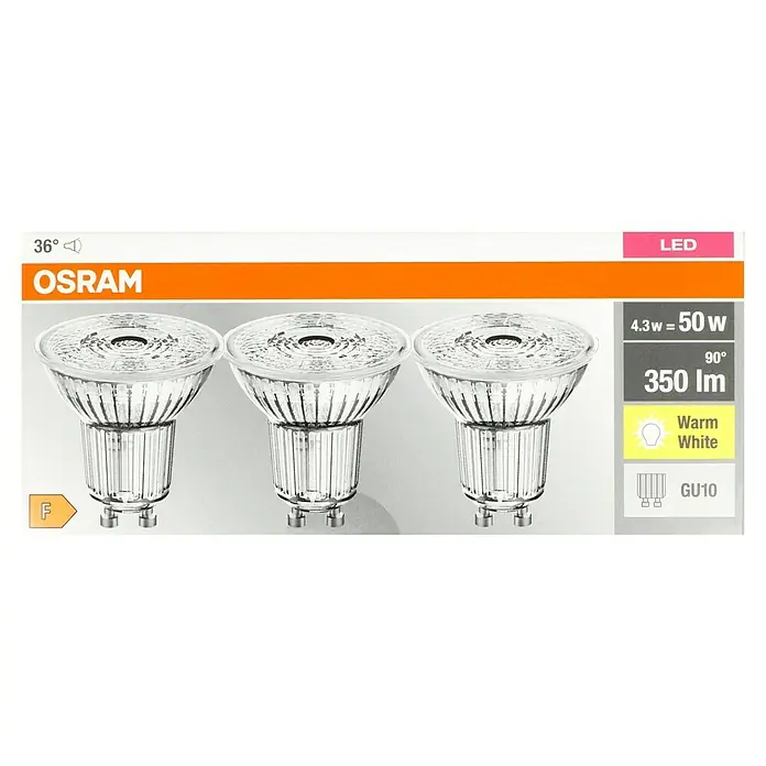 Osram LED-Lampen Set Reflektor GU10 - GU10, Nicht Dimmbar, Warmweiß, 350 lm, 4,3 W, 3 Stk. - Abbildung einer Osram LED-Lampe GU10 mit 350 Lumen und einem Verbrauch von 4,3 Watt. Das Licht ist warmweiß und die Lampe hat eine Energieeffizienzklasse F.