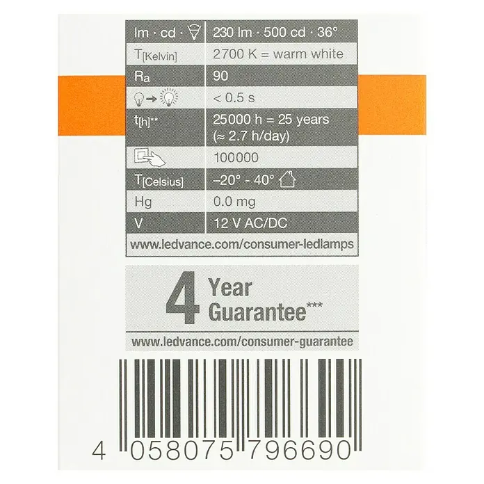 Osram LED-Lampe Pin G4 MR16 - GU5,3, Dimmbar, Warmweiß, 230 lm, 3 W - Informationen zu LED-Lampe: 230 lm, 500 cd, 36°, 2700 K warmweiß, Ra 90, < 0.5 s, 25000 h, -20° - 40°, 0.0 mg, 12 V AC/DC, 4 Jahre Garantie.