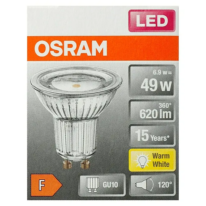 Osram Star LED-Lampe Reflektor GU10 - GU10, Nicht Dimmbar, Warmweiß, 575 lm, 6,5 W - Abbildung einer Osram LED-Lampe mit GU10-Sockel, warmweißem Licht und langer Lebensdauer.