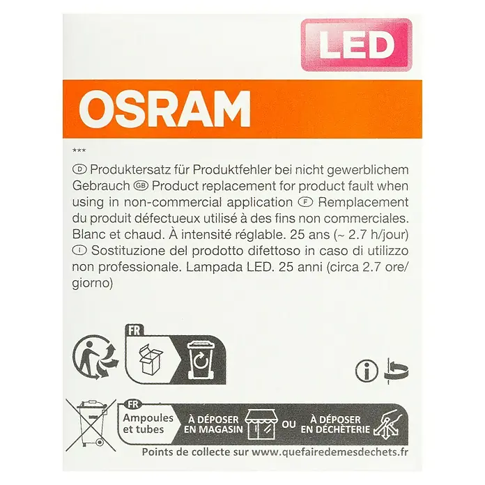 Osram LED-Lampe Reflektor GU10 - GU10, Dimmbar, Warmweiß, 350 lm, 5,5 W - Produktverpackung von OSRAM LED-Lampen, die Informationen zu Produktersatz und Entsorgung enthält.