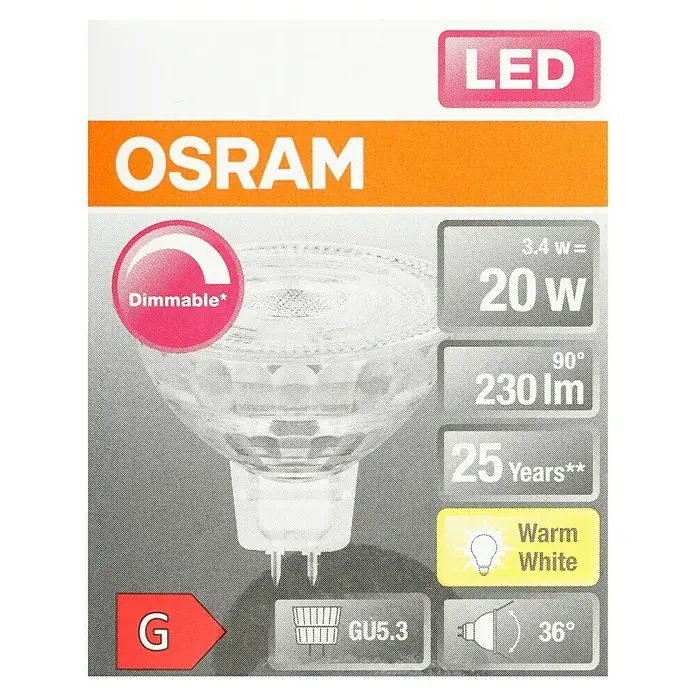 Osram LED-Lampe Pin G4 MR16 - GU5,3, Dimmbar, Warmweiß, 230 lm, 3 W - Abbildung einer Osram LED-Lampe, dimmbar, mit 20W Leistung, warmweißem Licht und einer Lebensdauer von 25 Jahren.