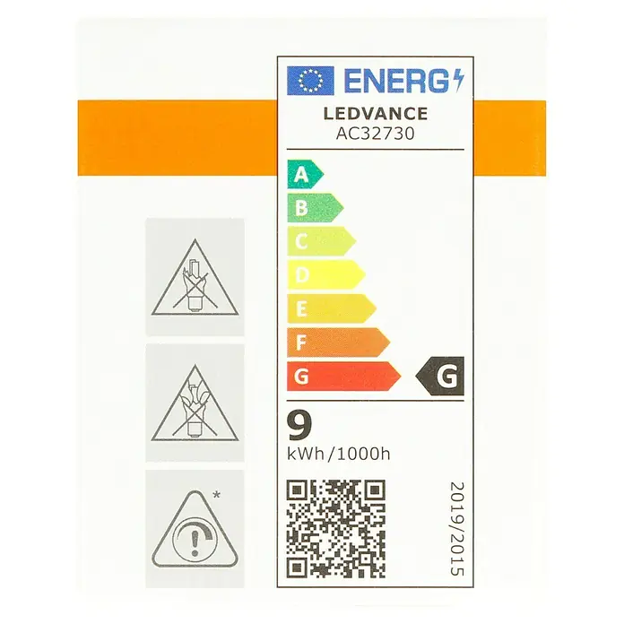 Osram LED-Lampe Reflektor GU10 - GU10, Dimmbar, Warmweiß, 575 lm, 8 W - Energieetikett einer LEDVANCE AC32730 Lampe, Energieeffizienzklasse G, mit einem Verbrauch von 9 kWh/1000h und Entsorgungshinweisen.