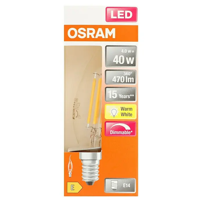 Osram Superstar LED-Lampe Kerzenform E14 klar - E14, Dimmbar, Warmweiß, 470 lm, 5 W - Ein OSRAM LED Leuchtmittel, 4W entspricht 40W, 470 Lumen, warmweiß, dimmbar, mit E14 Sockel und Energieeffizienzklasse E.