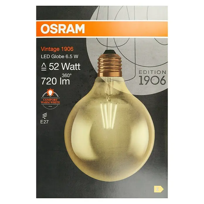 Osram LED-Lampe Vintage Edition 1906 Globe-Form E27 - E27, Nicht Dimmbar, Warmweiß, 725 lm, 7 W, Globe - Osram Vintage 1906 LED Globe Lampe mit 6.5 W, erzeugt 720 Lumen und warmweißes Licht.