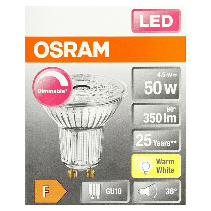 Osram LED-Lampe Reflektor GU10 - GU10, Dimmbar, Warmweiß, 350 lm, 5,5 W - Produktbild einer dimmbaren OSRAM LED Lampe mit GU10 Sockel, die warmweißes Licht erzeugt und eine Lebensdauer von 25 Jahren hat.