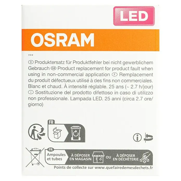 Osram LED-Lampe Pin G4 MR16 - GU5,3, Dimmbar, Warmweiß, 230 lm, 3 W - OSRAM LED Produktverpackung mit Informationen zu Produktersatz, Recycling und Entsorgungshinweisen.