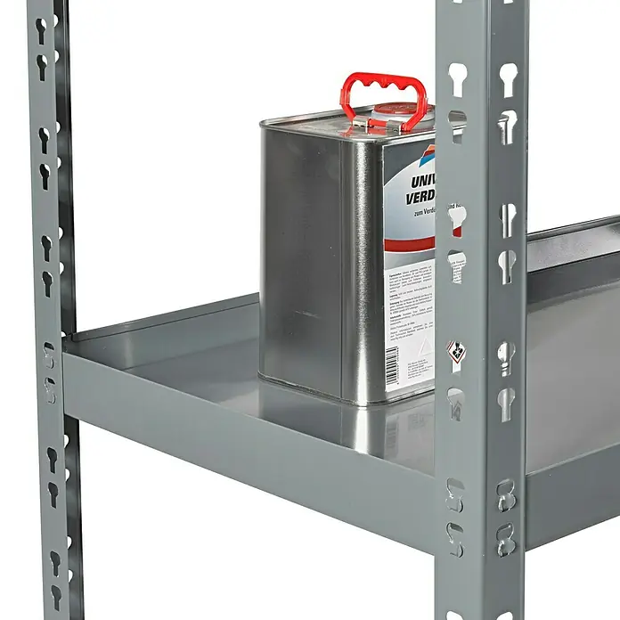 Schwerlastregal - H x B x T: 180 x 90 x 45 cm, Traglast pro Boden: 150 kg, Anzahl Böden: 5 Stk., Stecken, Grau - Detailaufnahme eines grauen Metallregals mit einer Dose "Universal Verdünnung" auf einem der Regalböden.