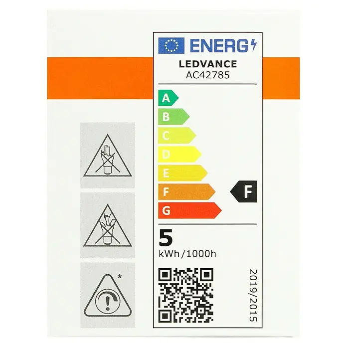 Osram LED-Lampe Reflektor GU10 - GU10, Dimmbar, Warmweiß, 350 lm, 5,5 W - Abbildung eines LEDVANCE AC42785 Energielabels, das die Energieeffizienzklasse F und einen Verbrauch von 5 kWh/1000h anzeigt.