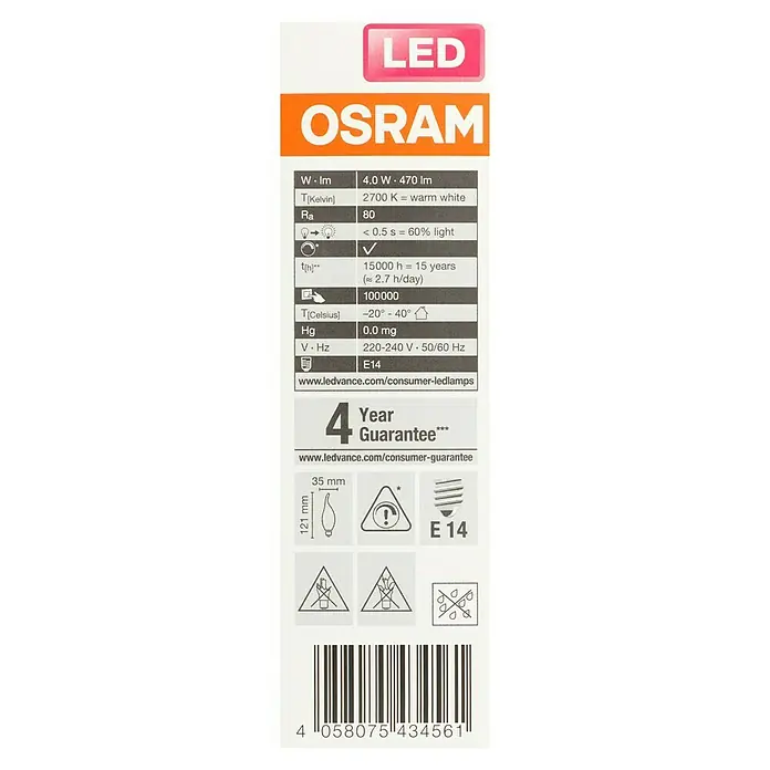 Osram Superstar LED-Lampe Kerzenform E14 klar - E14, Dimmbar, Warmweiß, 470 lm, 5 W - LED-Glühbirne von Osram mit 4,0 W und 470 Lumen, warmweißem Licht (2700 K) und E14-Sockel. 4 Jahre Garantie und lange Lebensdauer.