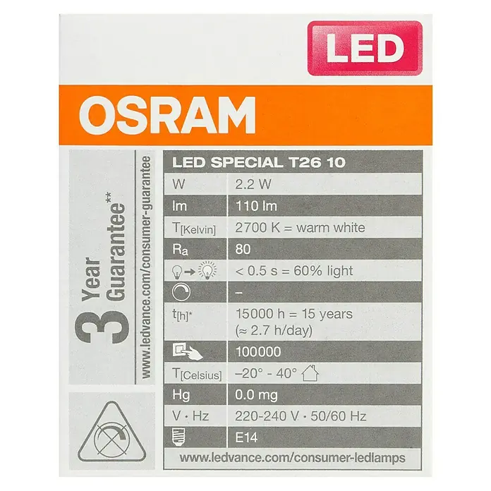 Osram LED-Lampe - E14, Nicht Dimmbar, Warmweiß, 110 lm, 10 W - Etikett einer Osram LED-Spezial T26 10 Leuchte, das Details wie Leistung, Helligkeit und Lebensdauer angibt.