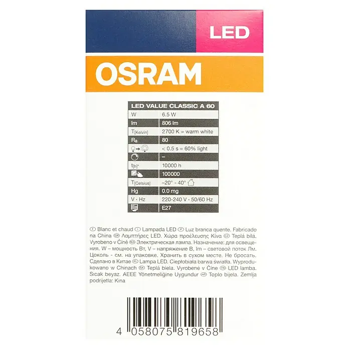 Osram LED-Lampe Glühlampenform E27 klar - E27, Nicht Dimmbar, Warmweiß, 806 lm, 6,5 W - Nahaufnahme einer OSRAM LED-Lampe, 6,5W, warmweißes Licht, E27 Sockel für stimmungsvolle Beleuchtung.