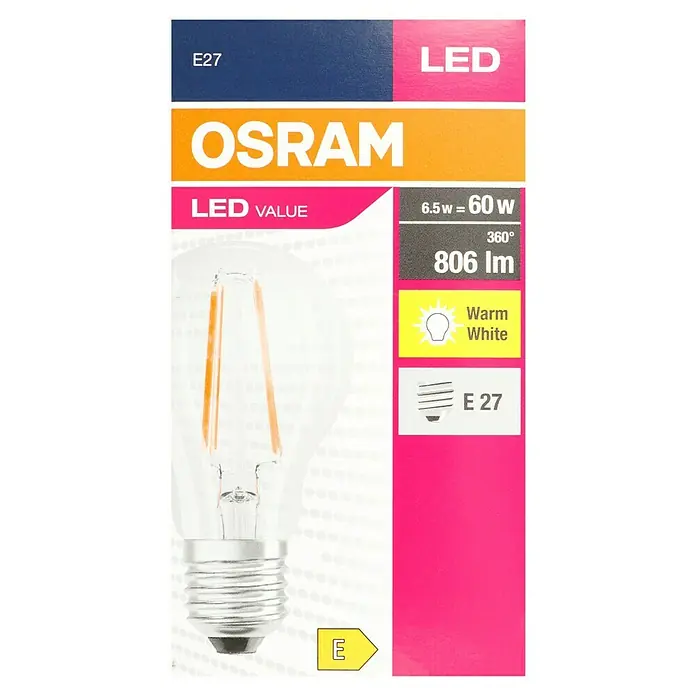 Osram LED-Lampe Glühlampenform E27 klar - E27, Nicht Dimmbar, Warmweiß, 806 lm, 6,5 W - Nahaufnahme einer Osram LED-Glühbirne E27, die warmweißes Licht mit 806 Lumen erzeugt und dabei nur 6,5 W verbraucht.
