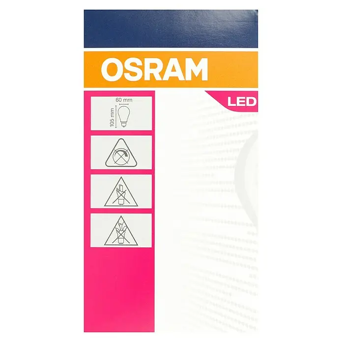 Osram LED-Lampe Glühlampenform E27 klar - E27, Nicht Dimmbar, Warmweiß, 806 lm, 6,5 W - Nahaufnahme der Verpackung einer OSRAM LED-Lampe mit Größenangaben und Warnsymbolen auf pinkfarbenem Grund.