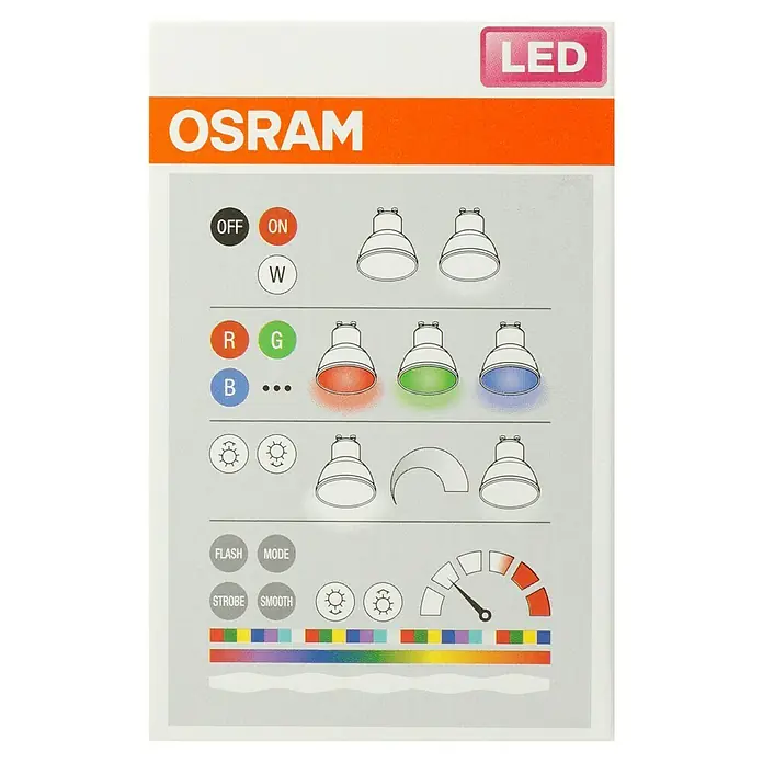 Osram LED-Lampe Star+ PAR16 - GU10, Dimmbar, RGBW, 250 lm, 4,5 W - Bild einer OSRAM LED-Produktverpackung mit Details zu Funktionen wie Ein/Aus, RGB-Farben, Dimmen und verschiedenen Lichtmodi.