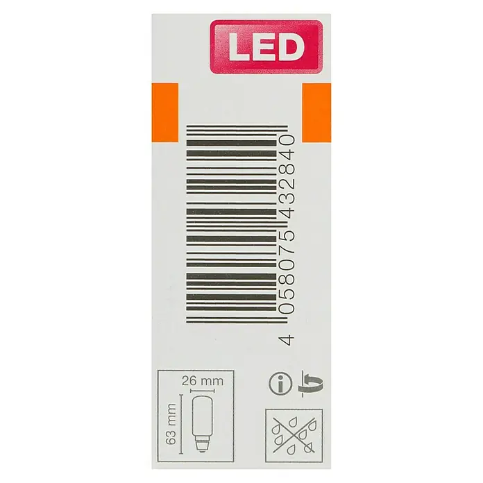 Osram LED-Lampe - E14, Nicht Dimmbar, Warmweiß, 110 lm, 10 W - Produktverpackung mit LED-Hinweis, Barcode, Lampenmaßangaben (63 mm x 26 mm) und Symbolen für Wasserschutz und Drehbarkeit.