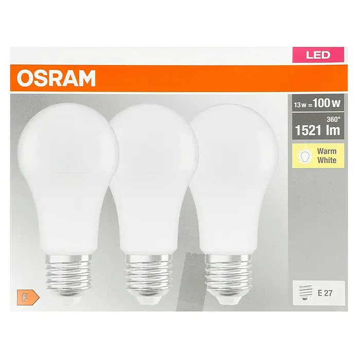 Osram LED-Lampen Set Glühlampenform E27 matt - E27, Nicht Dimmbar, Warmweiß, 1.521 lm, 13 W, 3 Stk. - Abbildung einer Osram LED-Lampe mit 13W Leistung, die 100W entspricht, warmweißem Licht und E27-Sockel für den Haushalt.