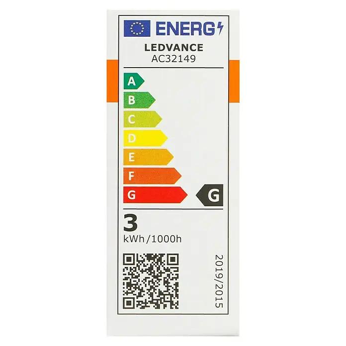 Osram LED-Lampe - E14, Nicht Dimmbar, Warmweiß, 110 lm, 10 W - Energielabel für LEDVANCE AC32149 mit Energieeffizienzklasse G und einem Verbrauch von 3 kWh/1000h.