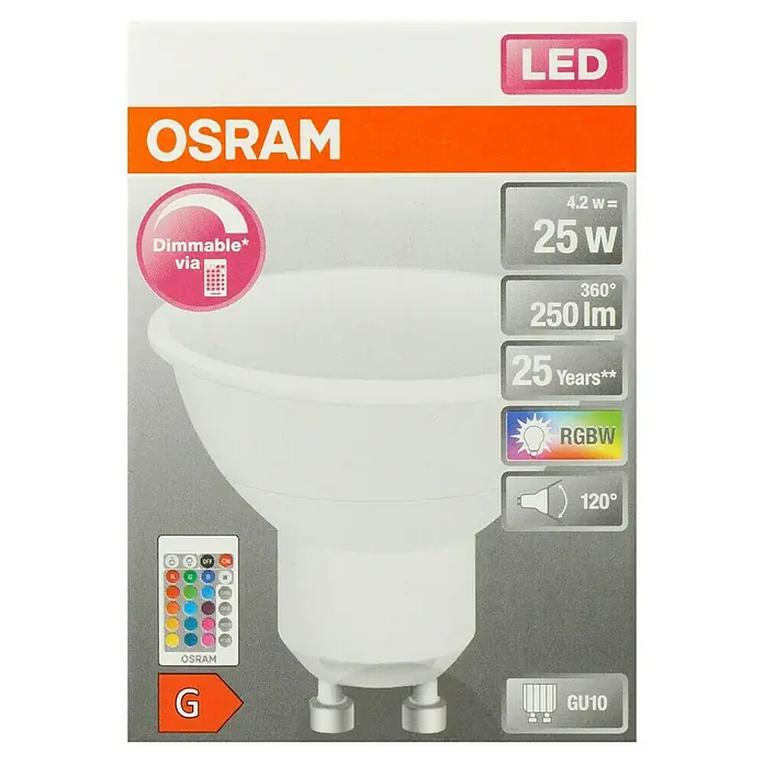 Osram LED-Lampe Star+ PAR16 - GU10, Dimmbar, RGBW, 250 lm, 4,5 W - Produktbild einer dimmbaren Osram LED Lampe mit 4.2W, 250 lm und RGBW Funktion, die 25 Jahre hält.