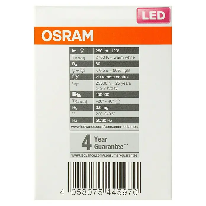 Osram LED-Lampe Star+ PAR16 - GU10, Dimmbar, RGBW, 250 lm, 4,5 W - Nahaufnahme der technischen Daten einer OSRAM LED-Lampe, einschließlich Helligkeit, Farbtemperatur und Lebensdauer.