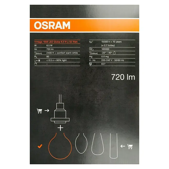 Osram LED-Lampe Vintage Edition 1906 Globe-Form E27 - E27, Nicht Dimmbar, Warmweiß, 725 lm, 7 W, Globe - Informationen über die Osram Vintage 1906 LED Globe Lampe mit 6,5W, 720lm, 2400K und E27 Sockel.