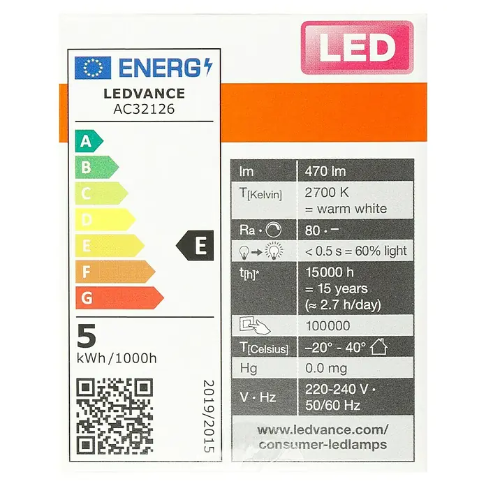 Osram Star LED-Lampen Set Pin G9 - G9, Nicht Dimmbar, Warmweiß, 470 lm, 3,8 W, 2 Stk. - Energielabel der LEDVANCE AC32126 LED-Lampe. Energieeffizienzklasse E, 470 Lumen, 2700 K warmweiß, Lebensdauer 15000 Stunden.