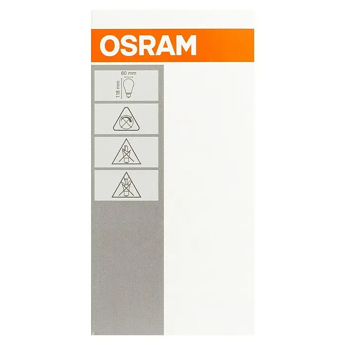 Osram LED-Lampen Set Glühlampenform E27 matt - E27, Nicht Dimmbar, Warmweiß, 1.521 lm, 13 W, 3 Stk. - Osram Produktverpackung mit Abmessungen (118 mm x 60 mm) und Warnhinweisen, um sichere Nutzung zu gewährleisten.