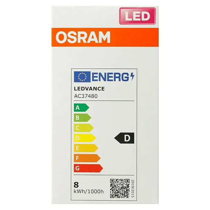 Osram Retrofit LED-Leuchtmittel Glühlampenform E27 matt - E27, Dimmbar, Kaltweiß, 1.055 lm, 9 W - Etikett einer OSRAM LED-Lampe der Energieeffizienzklasse D mit einem Verbrauch von 8 kWh/1000h und der Modellnummer AC37480.
