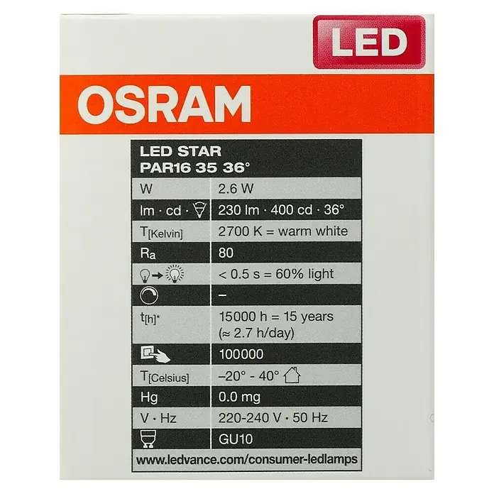 Osram Star LED-Lampen Set Reflektor GU10 - GU10, Nicht Dimmbar, Warmweiß, 230 lm, 2,6 W, 3 Stk. - Produktetikett einer OSRAM LED STAR PAR16 35 36° Lampe mit technischen Details wie Leistung, Lichtstrom und Farbtemperatur.
