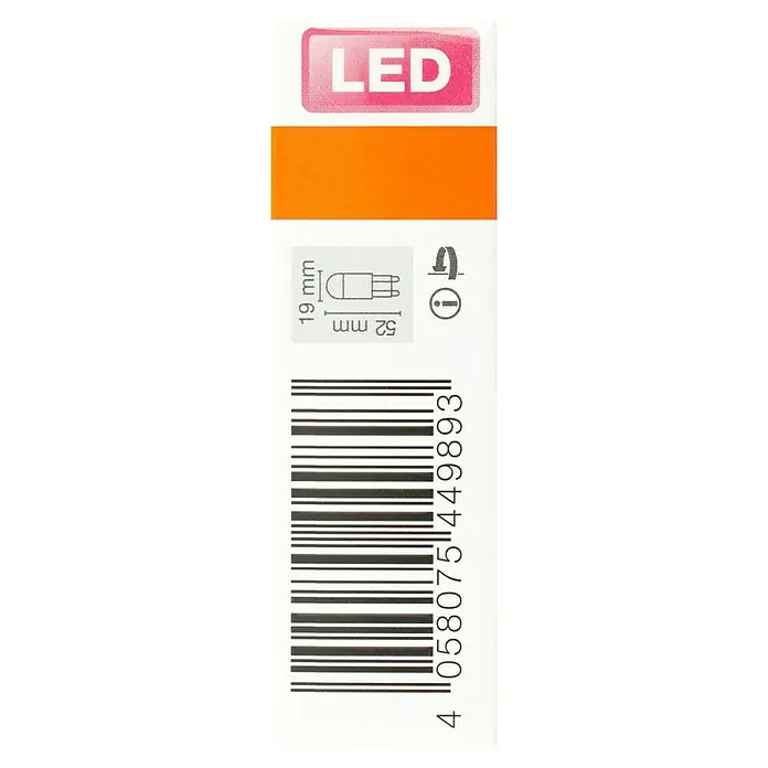 Osram Star LED-Lampen Set Pin G9 - G9, Nicht Dimmbar, Warmweiß, 470 lm, 3,8 W, 2 Stk. - Nahaufnahme einer LED-Produktverpackung mit Barcode und Abmessungen.