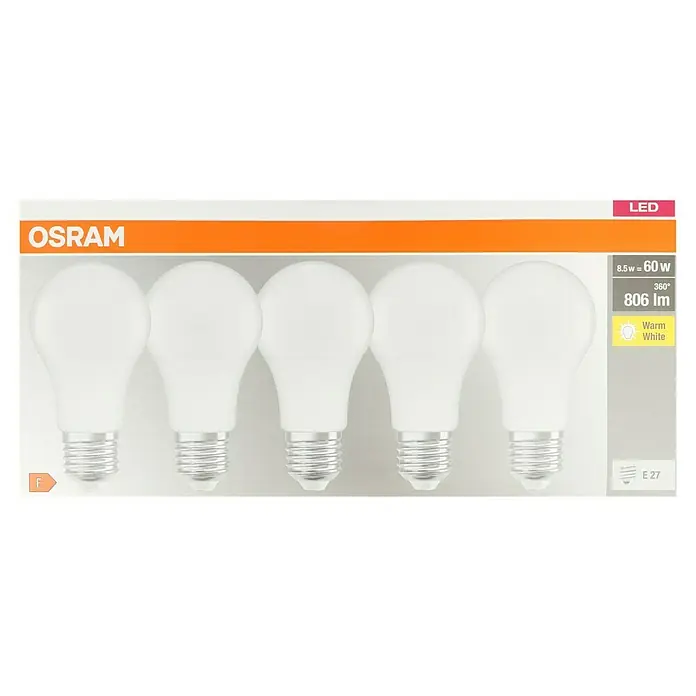 Osram LED-Lampen Set Glühlampenform E27 matt - E27, Nicht Dimmbar, Warmweiß, 806 lm, 9 W, 5 Stk. - Eine Packung Osram LED-Lampen, die warmweißes Licht ausstrahlen und eine Leistung von 8,5 W haben, was 60 W entspricht.