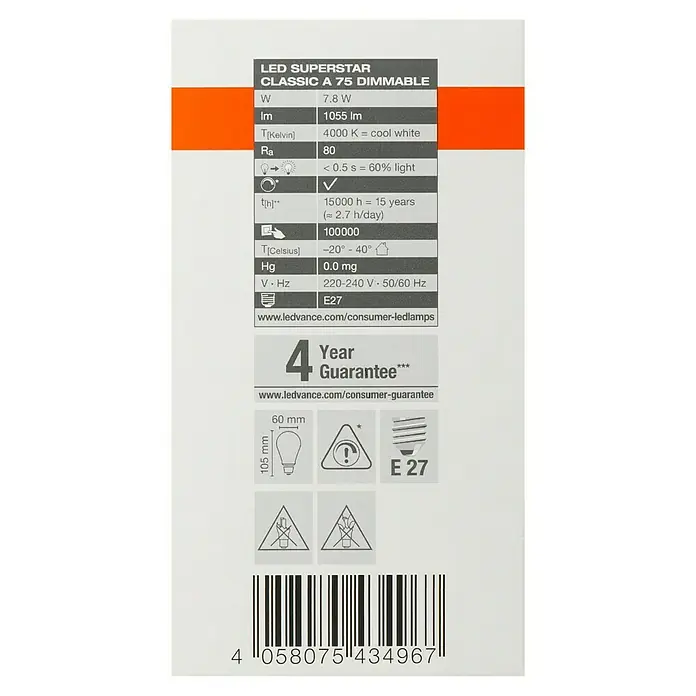 Osram Retrofit LED-Leuchtmittel Glühlampenform E27 matt - E27, Dimmbar, Kaltweiß, 1.055 lm, 9 W - Produktinformationen einer dimmbaren LED-Lampe, 7.8W, 1055 Lumen, 4000 Kelvin, E27 Fassung mit 4 Jahren Garantie.