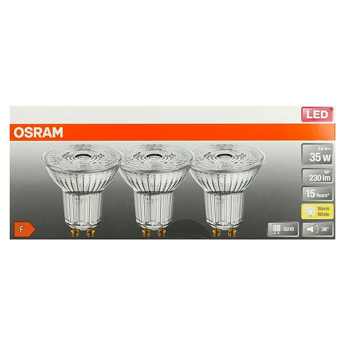Osram Star LED-Lampen Set Reflektor GU10 - GU10, Nicht Dimmbar, Warmweiß, 230 lm, 2,6 W, 3 Stk. - Produktverpackung mit drei OSRAM LED-Lampen, die als energieeffiziente und langlebige Beleuchtungslösung beworben werden.