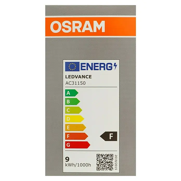 Osram LED-Lampen Set Glühlampenform E27 matt - E27, Nicht Dimmbar, Warmweiß, 806 lm, 9 W, 5 Stk. - Energieetikett einer LEDVANCE AC31150 Lampe von OSRAM mit Energieeffizienzklasse F und einem Verbrauch von 9 kWh/1000h.