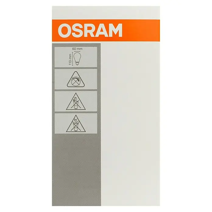 Osram LED-Lampen Set Glühlampenform E27 matt - E27, Nicht Dimmbar, Warmweiß, 806 lm, 9 W, 5 Stk. - Osram-Produktverpackung mit Maßangaben und Warnsymbolen. Das Produkt wird durch klare Symbole und die Markenpräsenz hervorgehoben.