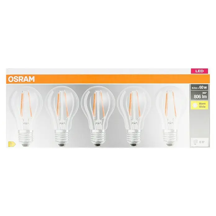 Osram Star LED-Lampen Set Glühlampenform E27 - E27, Nicht Dimmbar, Warmweiß, 806 lm, 7 W, 5 Stk., Klar - Die Verpackung von Osram LED-Lampen. Die Lampe ist mit 6,5 W = 60 W, 360°, 806 lm und warmweiß gekennzeichnet.