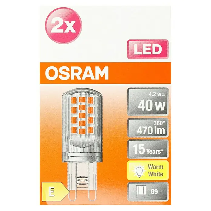 Osram Star LED-Lampen Set Pin G9 - G9, Nicht Dimmbar, Warmweiß, 470 lm, 3,8 W, 2 Stk. - Bild einer OSRAM LED Lampe. Sie ist warmweiß, hat 470 Lumen, 4,2W und hält 15 Jahre. Die Packung beinhaltet 2 Stück und hat einen G9 Sockel.