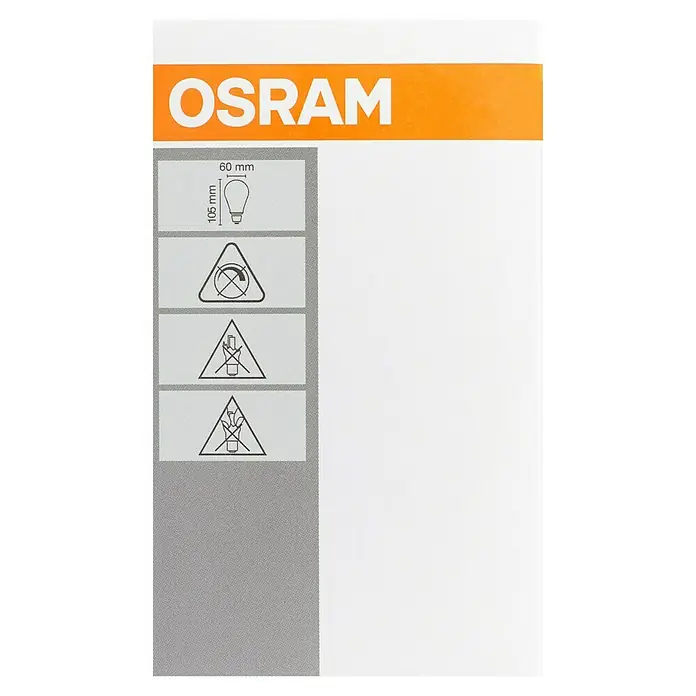 Osram Star LED-Lampen Set Glühlampenform E27 - E27, Nicht Dimmbar, Warmweiß, 806 lm, 7 W, 5 Stk., Klar - Abbildung einer Osram-Lampenverpackung mit den Maßen 60 mm x 105 mm und wichtigen Sicherheitshinweisen für den Gebrauch.