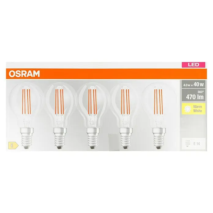 Osram Retrofit LED-Lampe Tropfenform E14 klar - E14, Nicht Dimmbar, Warmweiß, 470 lm, 4 W, 5 Stk. - Eine Packung Osram LED-Glühbirnen, warmweiß, 4.0W entspricht 40W, mit E14-Sockel und einer Helligkeit von 470 Lumen.