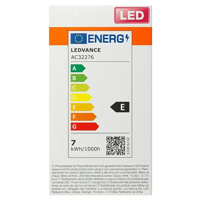 Osram LED-Lampe Glühlampenform E27 klar - E27, Nicht Dimmbar, Warmweiß, 806 lm, 7 W - LEDVANCE AC32276 LED-Lampe Energieetikett mit Energieeffizienzklasse E und einem Stromverbrauch von 7 kWh/1000h.