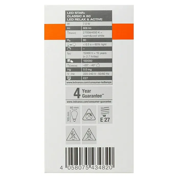 Osram LED-Lampe Glühlampenform E27 klar - E27, Nicht Dimmbar, Warmweiß, 806 lm, 7 W - LED STAR+ CLASSIC A 60 LED RELAX & ACTIVE Produktverpackung mit technischen Details und Garantieinformationen.