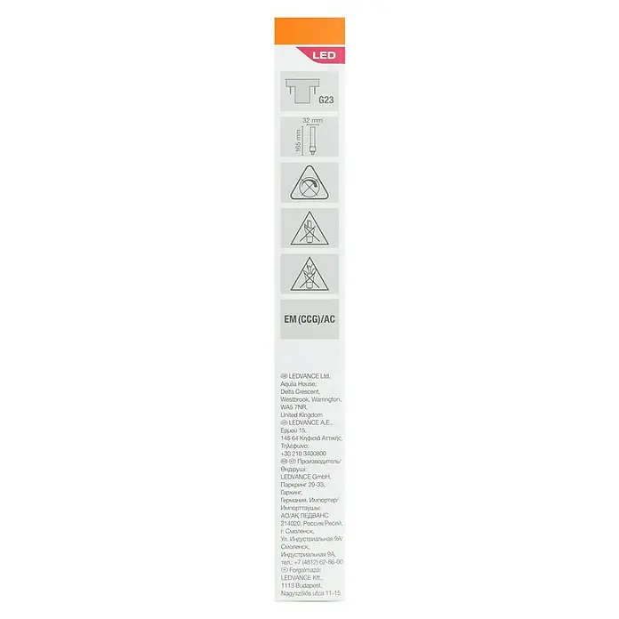 Osram Dulux S LED-Lampe - G23, Nicht Dimmbar, Warmweiß, 450 lm, 4,5 W - Produktverpackungsdetails: LED-Lampe G23, 32 mm x 165 mm, EM (CCG)/AC, Herstellerinformationen und Warnhinweise.