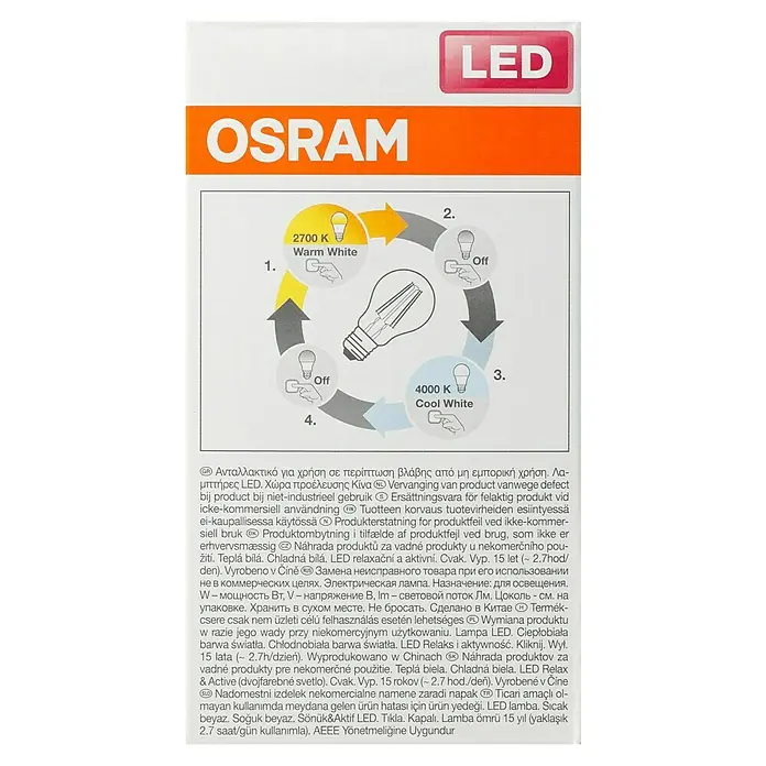 Osram LED-Lampe Glühlampenform E27 klar - E27, Nicht Dimmbar, Warmweiß, 806 lm, 7 W - OSRAM LED-Lampe: Farbwechsel von warmweiß (2700 K) zu kaltweiß (4000 K) durch Ein- und Ausschalten.