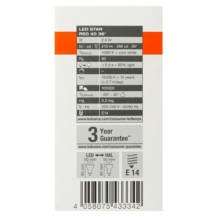 Osram Star LED-Lampe - E14, Nicht Dimmbar, Kaltweiß, 210 lm, 2,6 W - LED STAR R50 40 36° Produktbild mit technischen Details wie Leistung, Lichtstrom, Farbtemperatur und Garantieinformationen.