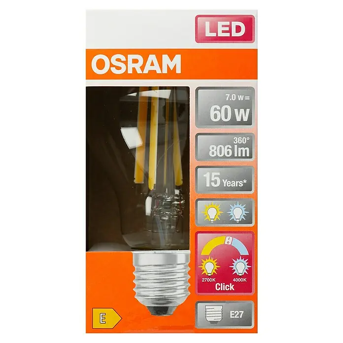 Osram LED-Lampe Glühlampenform E27 klar - E27, Nicht Dimmbar, Warmweiß, 806 lm, 7 W - Nahaufnahme einer OSRAM LED-Filamentlampe in ihrer Verpackung, die Details wie Wattzahl und Lichtfarbe hervorhebt.