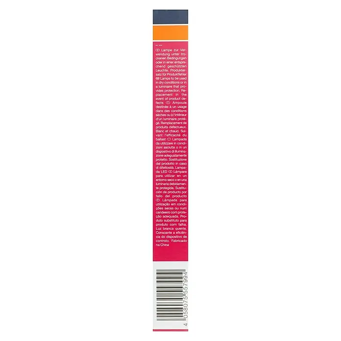 Osram Dulux S LED-Lampe - G23, Nicht Dimmbar, Warmweiß, 450 lm, 4,5 W - Produktinformationen auf der Verpackung einer Lampe, einschließlich Nutzungshinweise und Herstellungsort.
