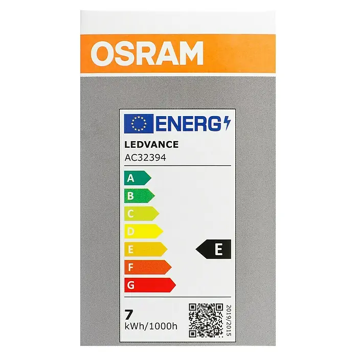 Osram Star LED-Lampen Set Glühlampenform E27 - E27, Nicht Dimmbar, Warmweiß, 806 lm, 7 W, 5 Stk., Klar - Ein Energielabel für eine LEDVANCE AC32394 Lampe von OSRAM, bewertet mit Energieeffizienzklasse E und einem Verbrauch von 7 kWh/1000h.