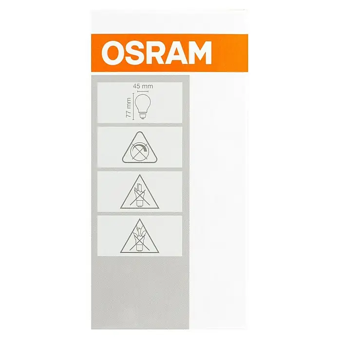 Osram Retrofit LED-Lampe Tropfenform E14 klar - E14, Nicht Dimmbar, Warmweiß, 470 lm, 4 W, 5 Stk. - OSRAM-Verpackung mit Maßangaben (45 mm x 77 mm) und Sicherheitssymbolen zum Umgang mit der Glühbirne.