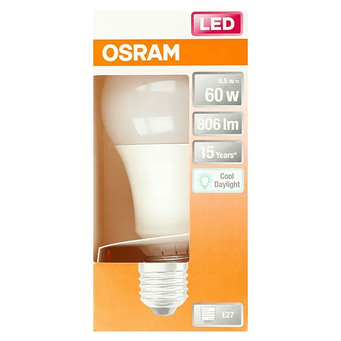 Osram Star LED-Lampe Glühlampenform E27 matt - E27, Nicht Dimmbar, Tageslichtweiß, 806 lm, 8,5 W - Nahaufnahme einer OSRAM LED-Lampe mit E27-Sockel, 8,5 W Leistung, die 60 W entspricht, und 806 Lumen Helligkeit. Sie ist für 15 Jahre Lebensdauer ausgelegt.