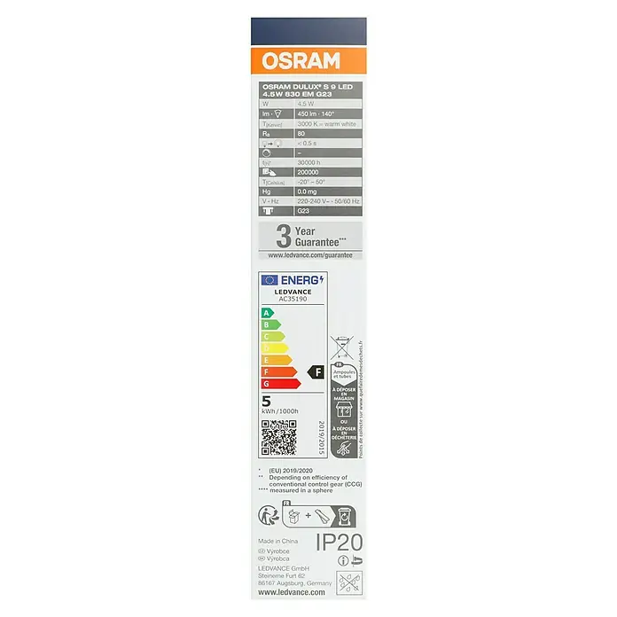 Osram Dulux S LED-Lampe - G23, Nicht Dimmbar, Warmweiß, 450 lm, 4,5 W - Produktetikett der OSRAM DULUX® S 9 LED Lampe mit technischen Daten und Energieeffizienzklasse F.