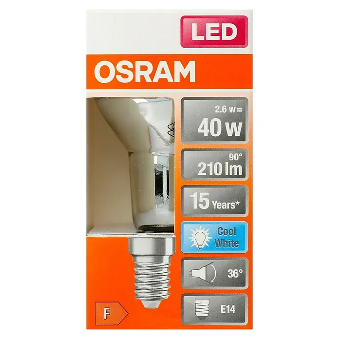 Osram Star LED-Lampe - E14, Nicht Dimmbar, Kaltweiß, 210 lm, 2,6 W - Nahaufnahme einer OSRAM LED Lampe mit E14-Sockel, die 40 Watt entspricht und 210 Lumen erzeugt. Sie hat eine Lebensdauer von 15 Jahren.
